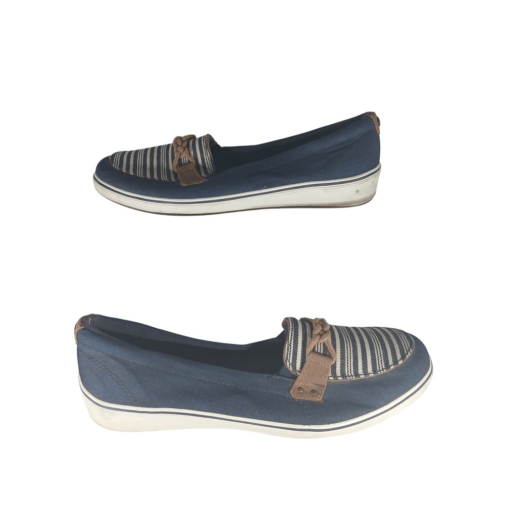 Grasshoppers Slip On Loafers 8M Navy Blue Nautical Striped Canvas Ortholite
